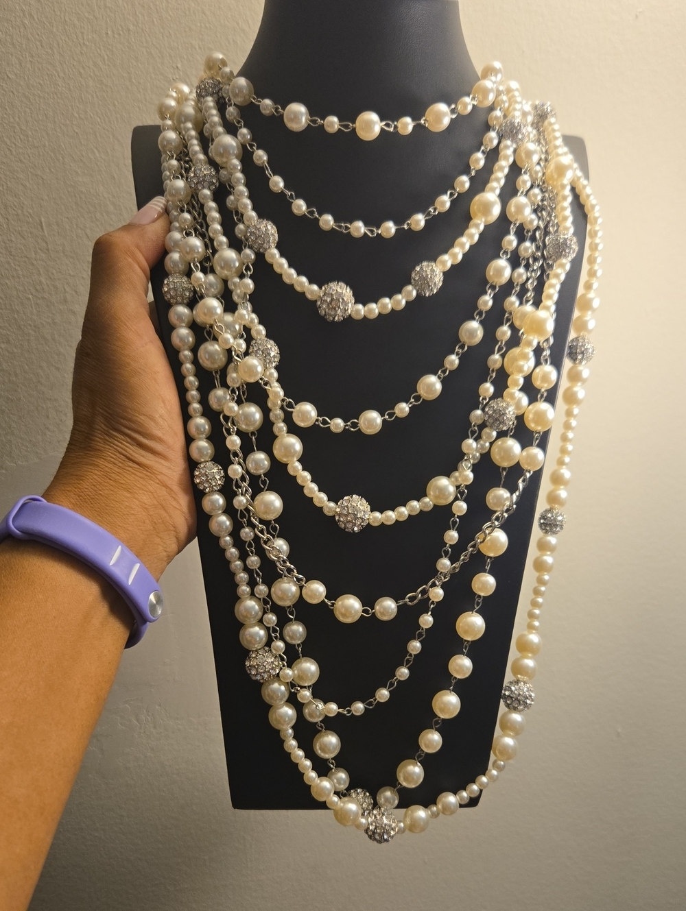paparazzi Pearl & Silver Crystal Multi-Strand Statement Necklace